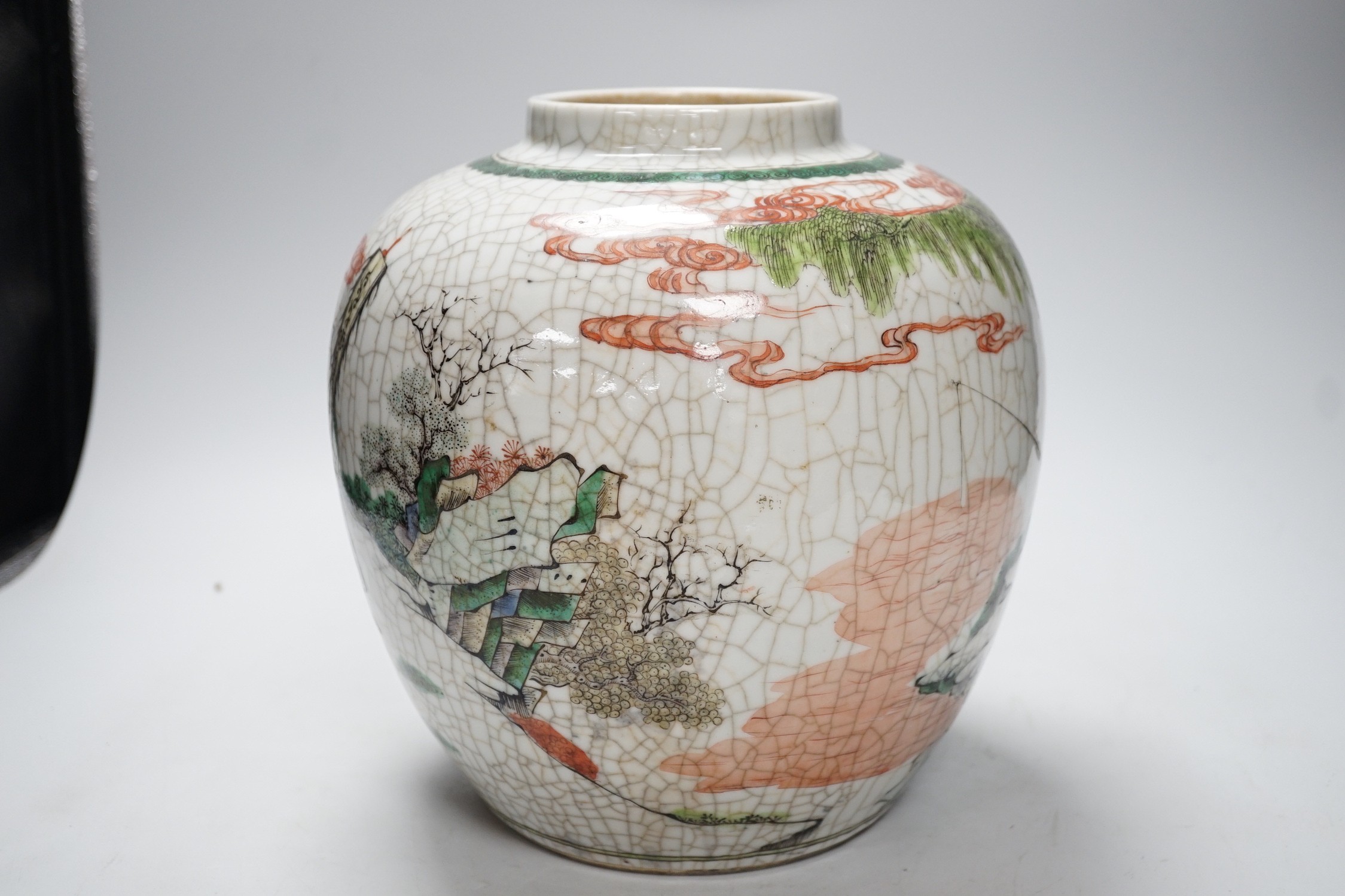 A large Chinese famille verte crackle glaze jar, late 19th century, 25cm